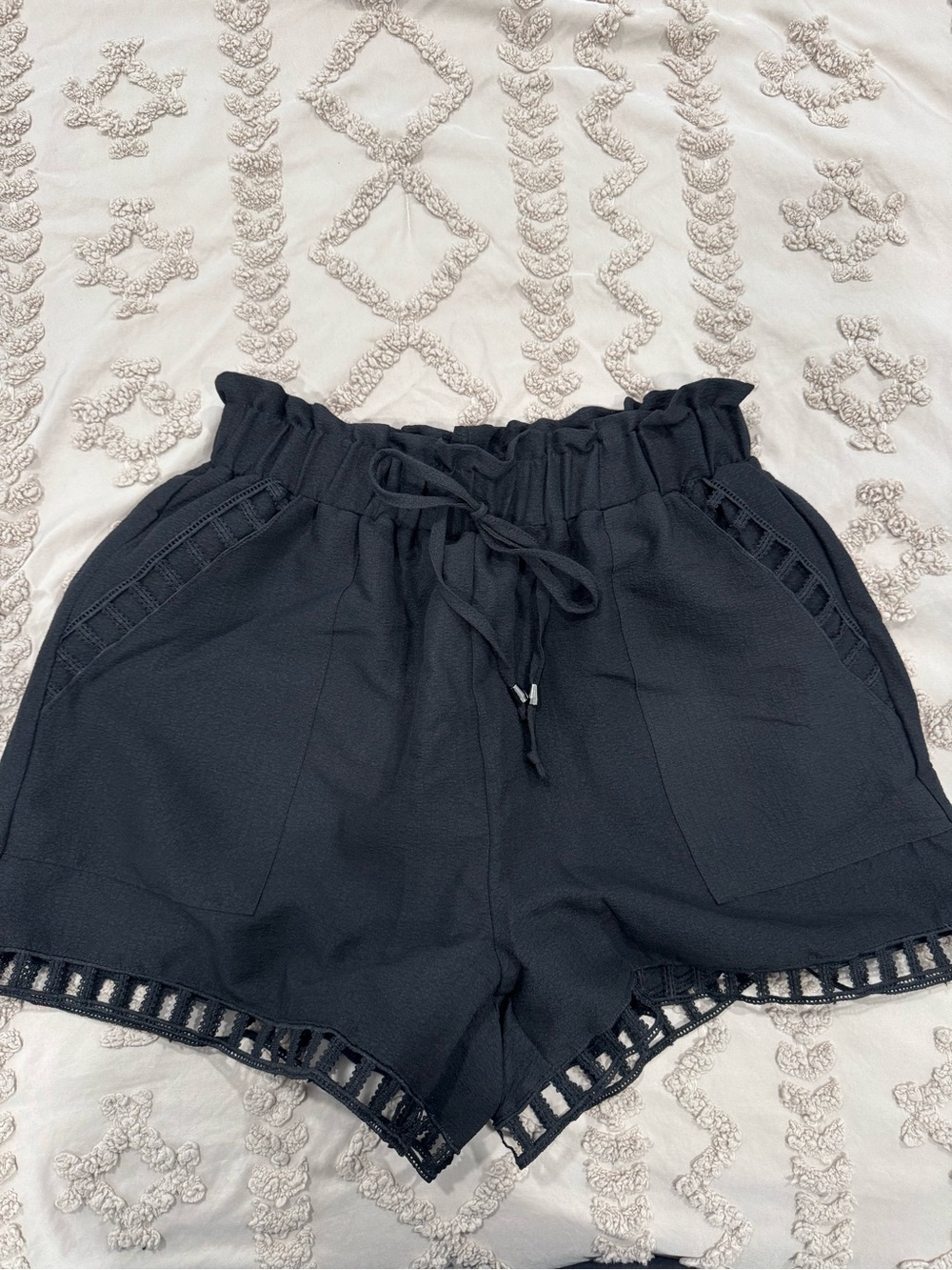Black Drawstring Paperbag Waist Shorts with Crochet Trim